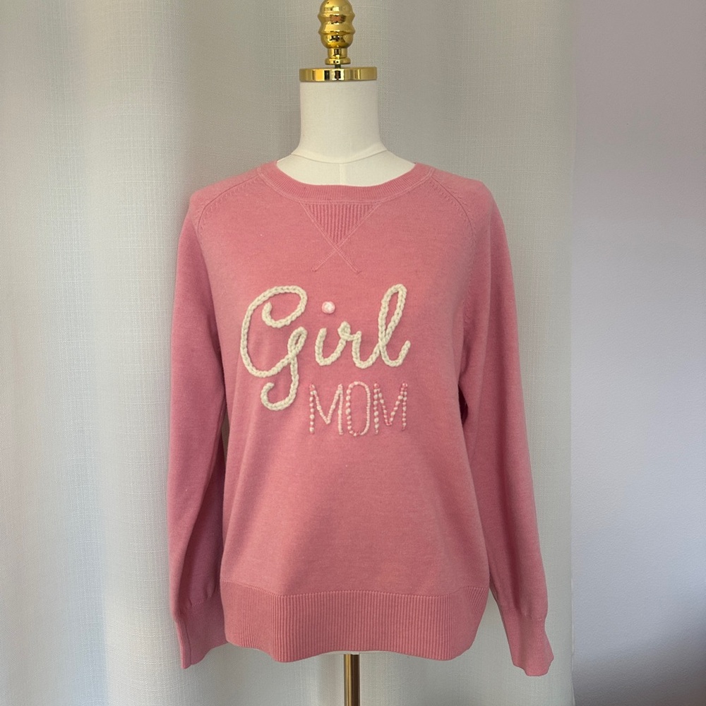 Girl Mom Hand-Embroidery Pink Lightweight Sweater, MED, Great Mother’s Day Gift!